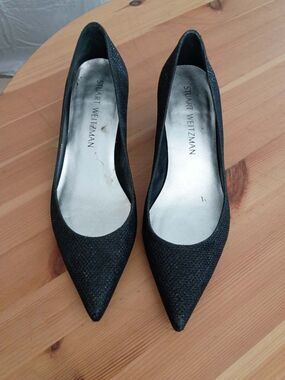 Stuart Weitzman Black Glitter Baddie Vamp Pointed Toe Low Heel Pumps